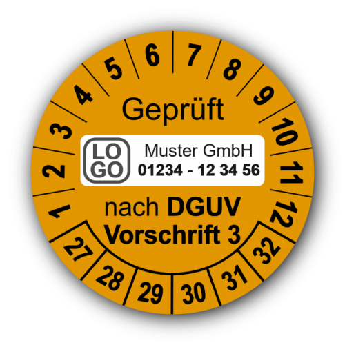 Geprüft nach DGUV Vorschrift 3, orange, mit Wunschtext