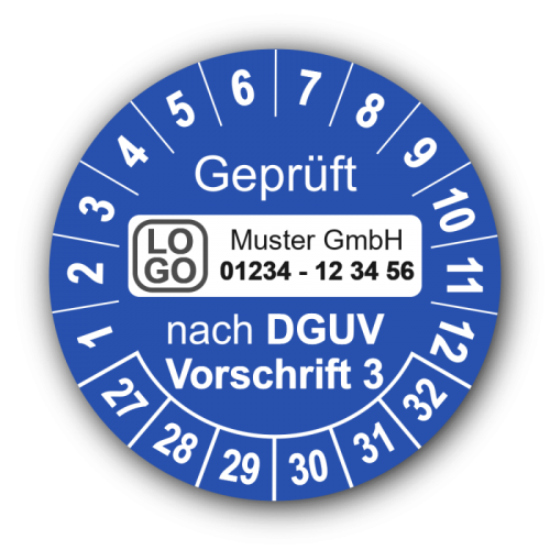 Geprüft nach DGUV Vorschrift 3, blau, mit Wunschtext