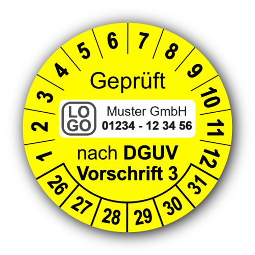 Geprüft nach DGUV Vorschrift 3, gelb, mit Wunschtext