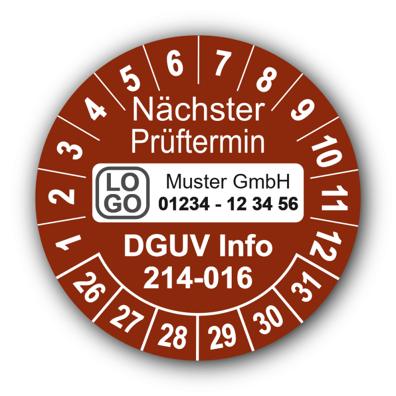 Nächster Prüftermin DGUV Information 214-016, braun, mit Wunschtext