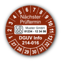 Nächster Prüftermin DGUV Information 214-016, braun, mit Wunschtext