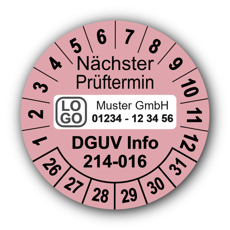 Nächster Prüftermin DGUV Information 214-016, rosa, mit Wunschtext