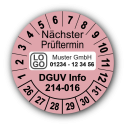 Nächster Prüftermin DGUV Information 214-016, rosa, mit Wunschtext