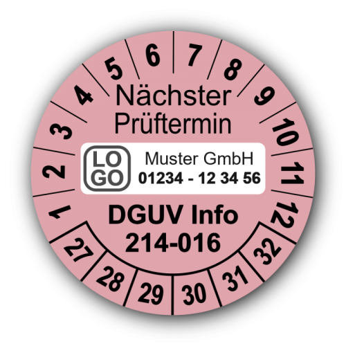 Nächster Prüftermin DGUV Information 214-016, rosa, mit Wunschtext