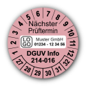 Nächster Prüftermin DGUV Information 214-016, rosa, mit Wunschtext