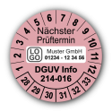Nächster Prüftermin DGUV Information 214-016, rosa, mit Wunschtext
