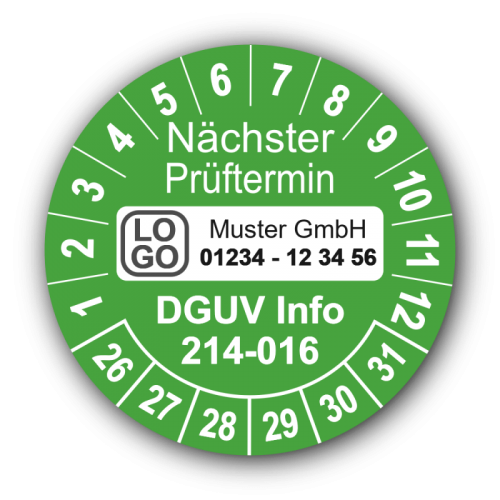 Nächster Prüftermin DGUV Information 214-016, grün, mit Wunschtext