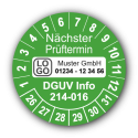 Nächster Prüftermin DGUV Information 214-016, grün, mit Wunschtext