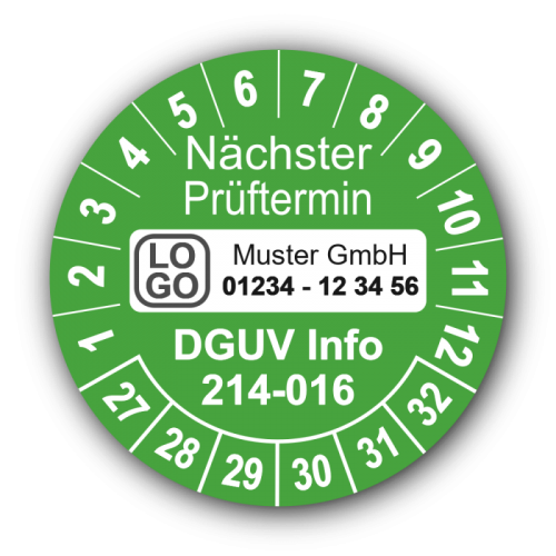 Nächster Prüftermin DGUV Information 214-016, grün, mit Wunschtext