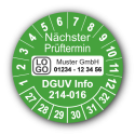 Nächster Prüftermin DGUV Information 214-016, grün, mit Wunschtext
