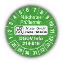 Nächster Prüftermin DGUV Information 214-016, grün, mit Wunschtext