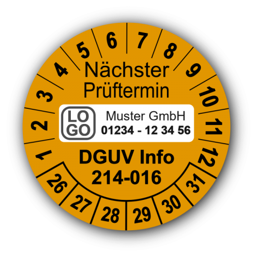 Nächster Prüftermin DGUV Information 214-016, orange, mit Wunschtext