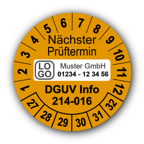 Nächster Prüftermin DGUV Information 214-016, orange, mit Wunschtext