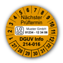 Nächster Prüftermin DGUV Information 214-016, orange, mit Wunschtext