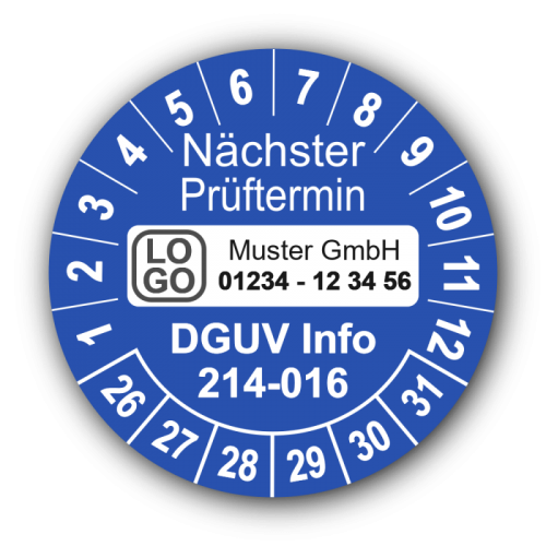 Nächster Prüftermin DGUV Information 214-016, blau, mit Wunschtext