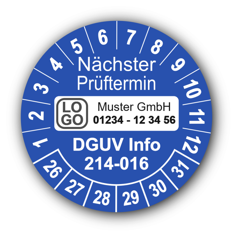 Nächster Prüftermin DGUV Information 214-016, blau, mit Wunschtext