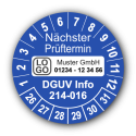 Nächster Prüftermin DGUV Information 214-016, blau, mit Wunschtext