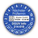Nächster Prüftermin DGUV Information 214-016, blau, mit Wunschtext