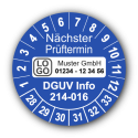 Nächster Prüftermin DGUV Information 214-016, blau, mit Wunschtext