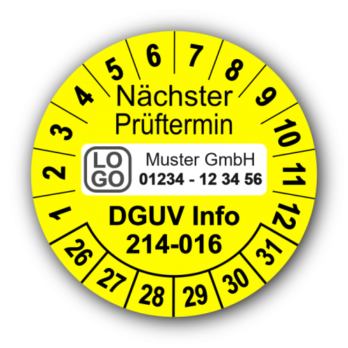 Nächster Prüftermin DGUV Information 214-016, gelb, mit Wunschtext