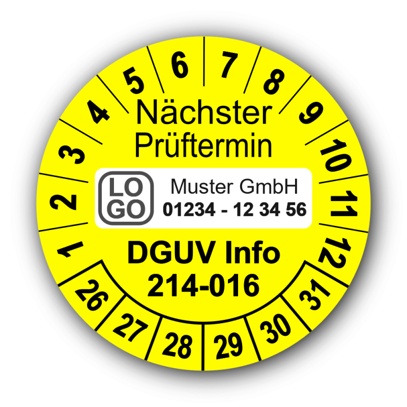 Nächster Prüftermin DGUV Information 214-016, gelb, mit Wunschtext
