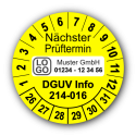 Nächster Prüftermin DGUV Information 214-016, gelb, mit Wunschtext
