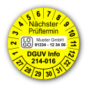 Nächster Prüftermin DGUV Information 214-016, gelb, mit Wunschtext