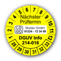 Nächster Prüftermin DGUV Information 214-016, gelb, mit Wunschtext