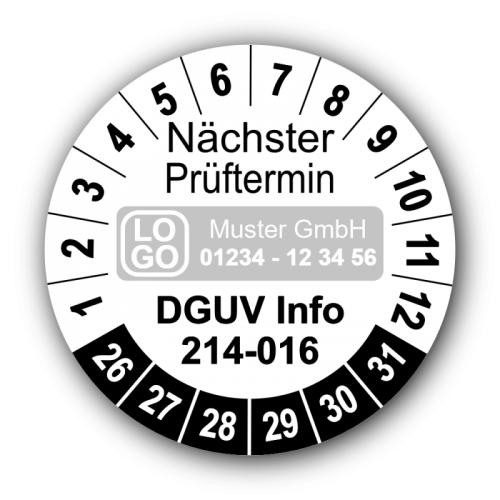 Nächster Prüftermin DGUV Information 214-016, weiß, mit Wunschtext