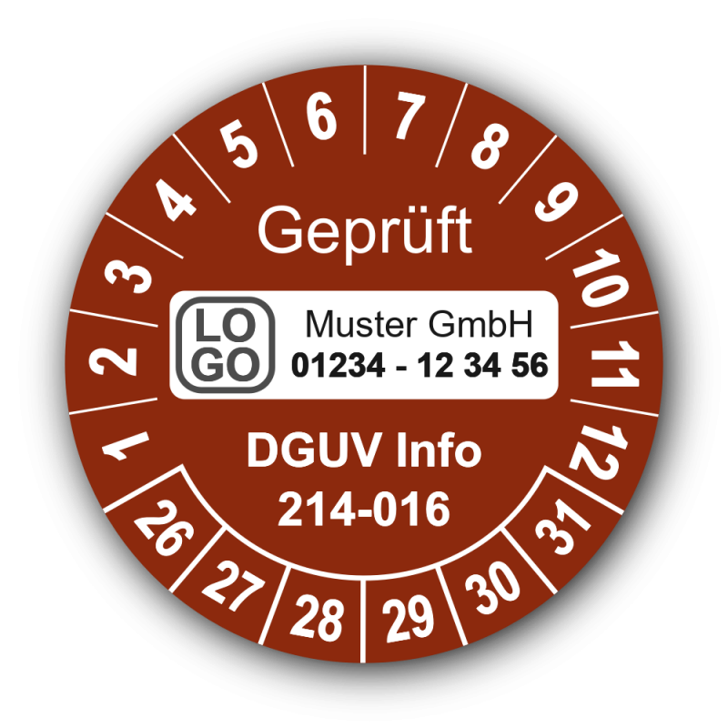 Geprüft DGUV Information 214-016, braun, mit Wunschtext