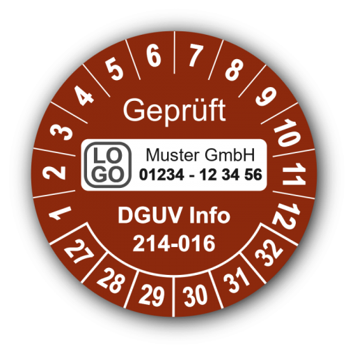 Geprüft DGUV Regel 114-010, braun, mit Wunschtext