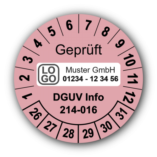 Geprüft DGUV Information 214-016, rosa, mit Wunschtext