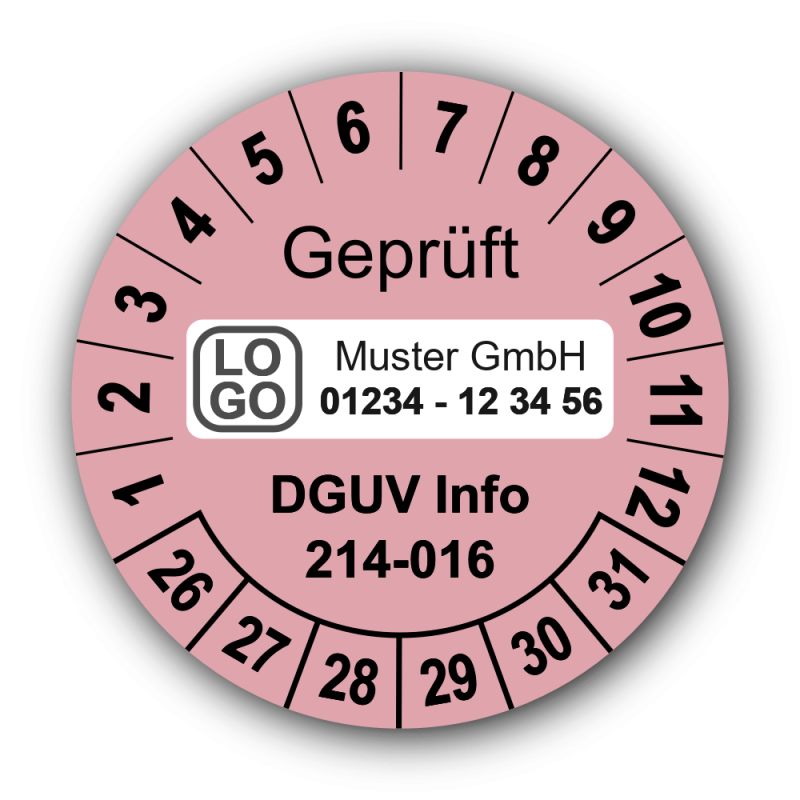 Geprüft DGUV Information 214-016, rosa, mit Wunschtext