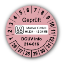 Geprüft DGUV Information 214-016, rosa, mit Wunschtext