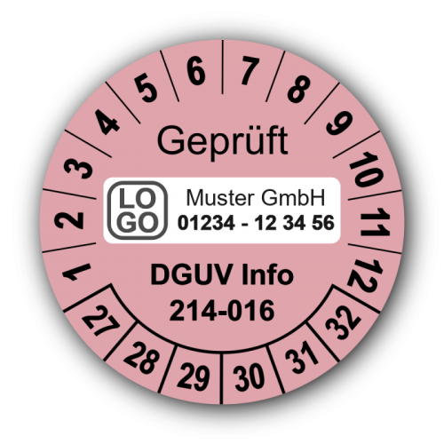 Geprüft DGUV Information 214-016, rosa, mit Wunschtext