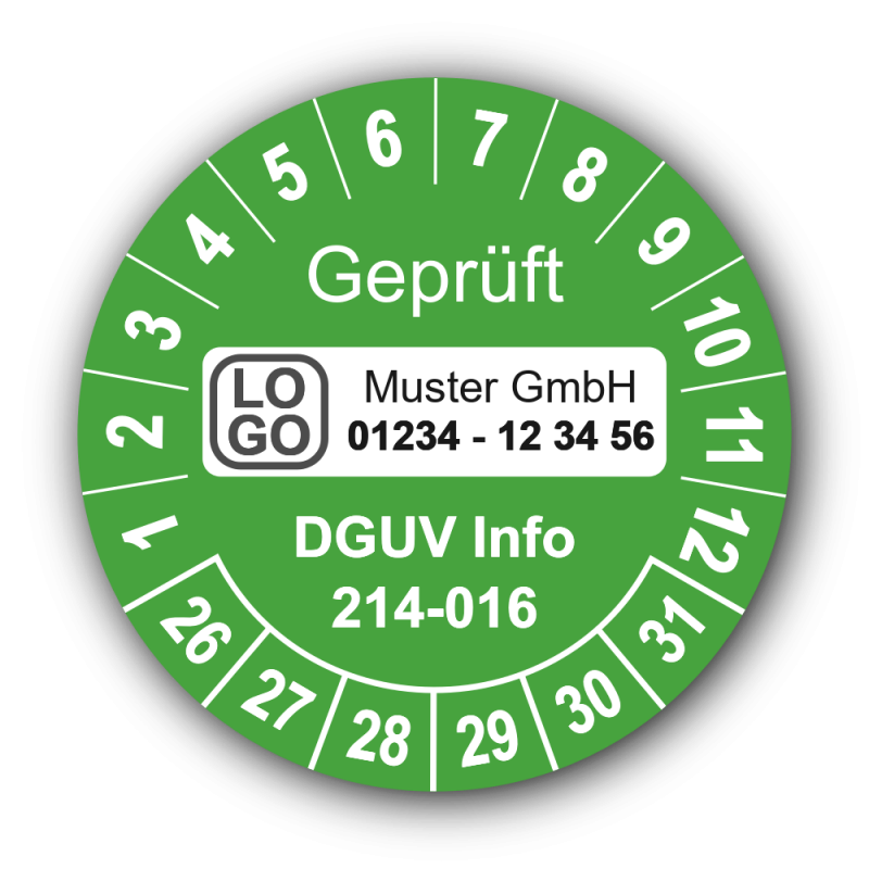 Geprüft DGUV Information 214-016, grün, mit Wunschtext