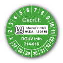 Geprüft DGUV Information 214-016, grün, mit Wunschtext