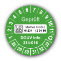 Geprüft DGUV Information 214-016, grün, mit Wunschtext