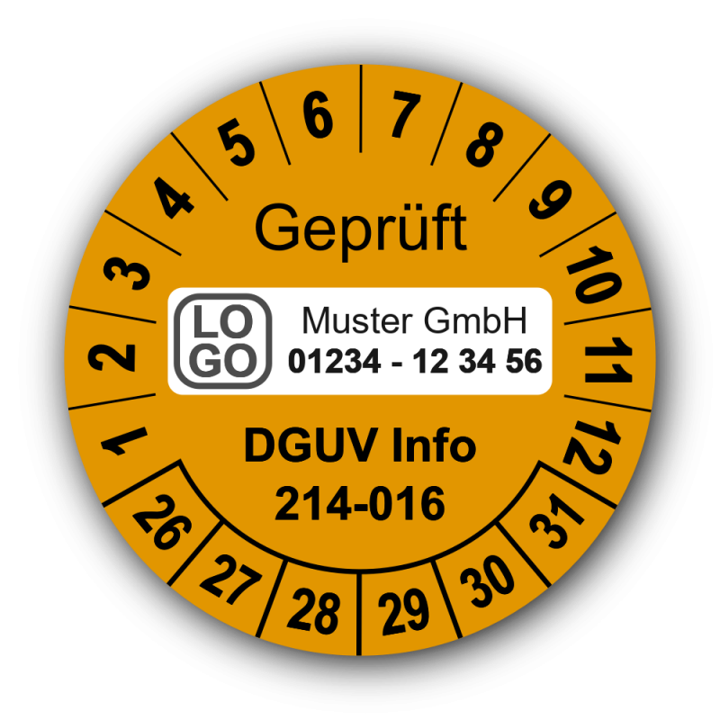 Geprüft DGUV Information 214-016, orange, mit Wunschtext