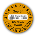 Geprüft DGUV Information 214-016, orange, mit Wunschtext