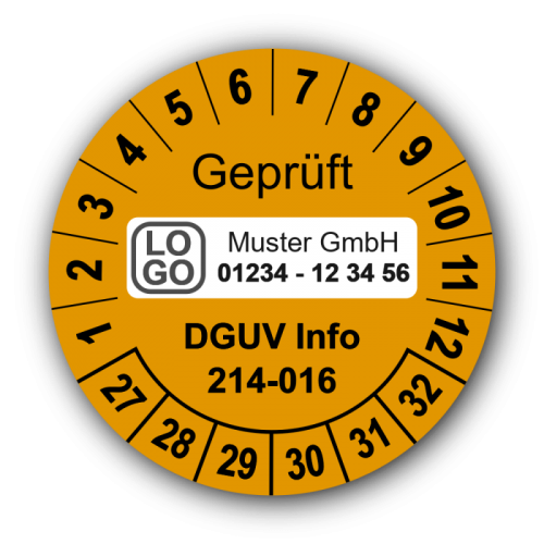 Geprüft DGUV Information 214-016, orange, mit Wunschtext