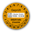 Geprüft DGUV Information 214-016, orange, mit Wunschtext