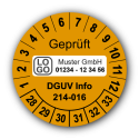 Geprüft DGUV Information 214-016, orange, mit Wunschtext