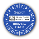 Geprüft DGUV Information 214-016, blau, mit Wunschtext