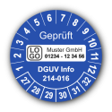 Geprüft DGUV Information 214-016, blau, mit Wunschtext