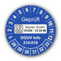 Geprüft DGUV Information 214-016, blau, mit Wunschtext