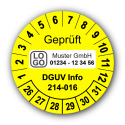 Geprüft DGUV Information 214-016, gelb, mit Wunschtext
