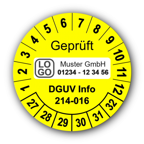 Geprüft DGUV Information 214-016, gelb, mit Wunschtext