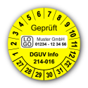 Geprüft DGUV Information 214-016, gelb, mit Wunschtext