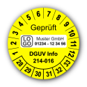 Geprüft DGUV Information 214-016, gelb, mit Wunschtext